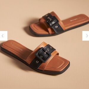 Anthropologie Buckle Slide Sandals Tan and Black Size 40 / 9